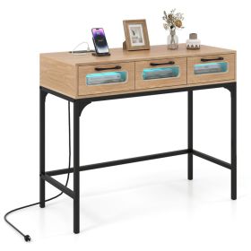 35.5" Narrow Console Table with LED Lights & Power Station, 3-Drawer Entryway Sofa Table with Charging Ports