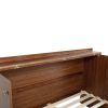 Queen Size Murphy Bed, Pine Wood Cabinet Bed with Power Station and Rattan Decoration Panel,Walnut