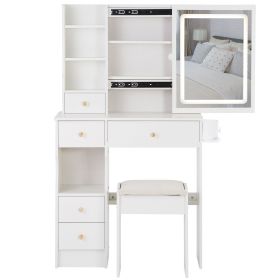 Small Size Left Drawer Desktop Vanity Table + Cushioned Stool, 2 AC+2 USB Power Station, Hair dryer bracket (Color: as Pic)