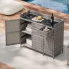47.5"W Wicker Outdoor Storage Cabinet with Tempered Glass Desktop, Weather-proof Rattan Bar Table with Three Doors, Adjustable Shelf, and One Drawer