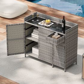 47.5"W Wicker Outdoor Storage Cabinet with Tempered Glass Desktop, Weather-proof Rattan Bar Table with Three Doors, Adjustable Shelf, and One Drawer (Material: Rattan+Metal, Color: Grey)