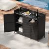 47.5"W Wicker Outdoor Storage Cabinet with Tempered Glass Desktop, Weather-proof Rattan Bar Table with Three Doors, Adjustable Shelf, and One Drawer