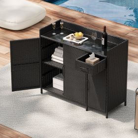47.5"W Wicker Outdoor Storage Cabinet with Tempered Glass Desktop, Weather-proof Rattan Bar Table with Three Doors, Adjustable Shelf, and One Drawer (Material: Rattan+Metal, Color: Black Brown)