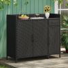 47.5"W Wicker Outdoor Storage Cabinet with Tempered Glass Desktop, Weather-proof Rattan Bar Table with Three Doors, Adjustable Shelf, and One Drawer