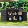 47.5"W Wicker Outdoor Storage Cabinet with Tempered Glass Desktop, Weather-proof Rattan Bar Table with Three Doors, Adjustable Shelf, and One Drawer